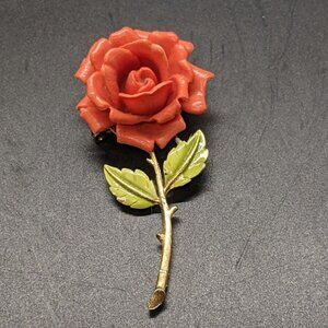 JJ Jonette Brooch Pin Gold Tone with Orange Lucite Rose Enamel Leaves Signed 2"